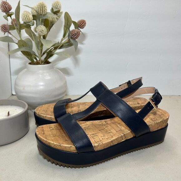Bandolino Britni Platform Leather Sandals Buckle Sling Back Navy Women 8.5M NWOB - Picture 3 of 10